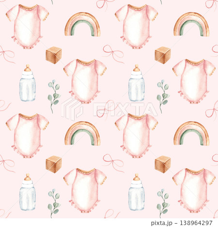 Baby girl seamless pattern. Watercolor pink onesie or bodysuit, milk bottle, wooden toys and eucalyptus on a pink pastel background. Suitable for fabric, textile, wallpaper, wrapping paper and baby 138964297