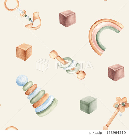 Baby seamless pattern. Watercolor wooden toys and rattles. Suitable for fabric, textile, wallpaper, wrapping paper and baby shower designs. 138964310