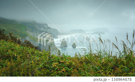 Muroran, Hokkaido, Japan - Oct 04 2024, panoramic aerial view of the picturesque Pacific ocean coast with sharp cliffs and high mountain slopes, in a storm, it's raining, at daytime, Muroran, Japan Muroran, Hokkaido, Japan - Oct 04 2024, panoramic aerial view of the picturesque Pacific ocean coast with sharp cliffs and high mountain slopes, in a storm, it's raining, at daytime, Muroran, Japan 138964878