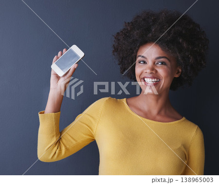 Phone, screen and happy portrait of black woman with social media, communication and mockup space. Cellphone, display and online chat, connection or advertising mobile app promotion with technology Phone, screen and happy portrait of black woman with social media, communication and mockup space. Cellphone, display and online chat, connection or advertising mobile app promotion with technology 138965003