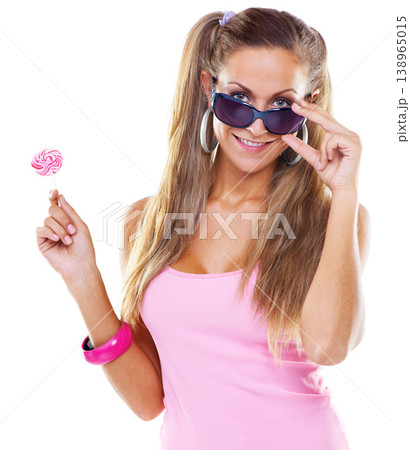 Woman, fashion portrait or candy in sunglasses, happy gen z aesthetic, dessert snack or cosmetic in studio mockup. Face, usa model and smile by lollipop in excited, sweet tooth and white background Woman, fashion portrait or candy in sunglasses, happy gen z aesthetic, dessert snack or cosmetic in studio mockup. Face, usa model and smile by lollipop in excited, sweet tooth and white background 138965015