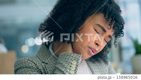 Stress, neck pain and business woman in night office with risk, problem or arthritis. Burnout, anxiety and face of manager with pain, crisis or injury, joint or fibromyalgia, osteoporosis or tension Stress, neck pain and business woman in night office with risk, problem or arthritis. Burnout, anxiety and face of manager with pain, crisis or injury, joint or fibromyalgia, osteoporosis or tension 138965016