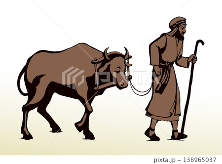 Vector drawing. A man leads an ox Vector drawing. A man leads an ox 138965037