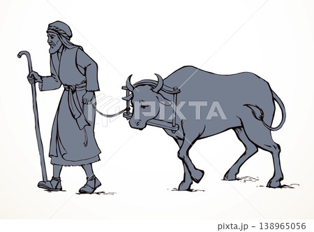 Vector drawing. A man leads an ox Vector drawing. A man leads an ox 138965056