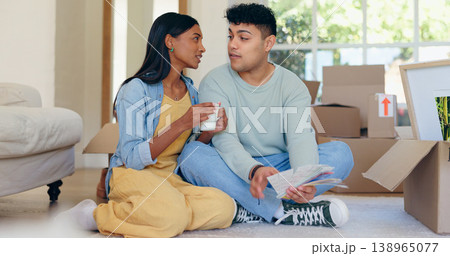 Home renovation, color palette and couple on floor in new house for choice, decision and decoration option. Interior design, apartment and man and woman with boxes for planning in living room Home renovation, color palette and couple on floor in new house for choice, decision and decoration option. Interior design, apartment and man and woman with boxes for planning in living room 138965077