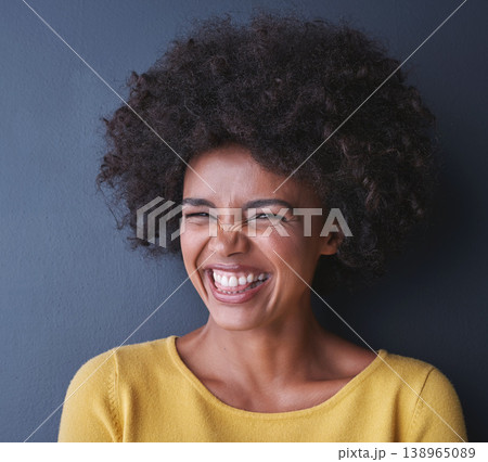 Laughing, black woman and portrait in studio for beauty with happiness, freedom or wellness mockup, Happy, face and natural African hair care, cosmetics and smile for dermatology on grey background Laughing, black woman and portrait in studio for beauty with happiness, freedom or wellness mockup, Happy, face and natural African hair care, cosmetics and smile for dermatology on grey background 138965089