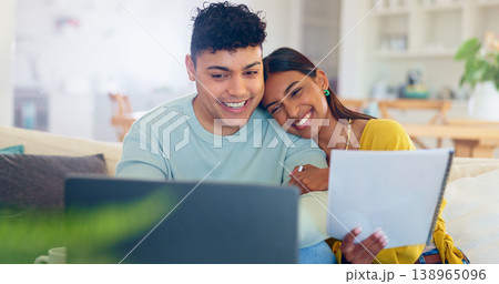 Online, investment and couple in home with laptop and paperwork for loan, mortgage or real estate. Banking, budget or review information on computer with documents for finance, property or saving Online, investment and couple in home with laptop and paperwork for loan, mortgage or real estate. Banking, budget or review information on computer with documents for finance, property or saving 138965096
