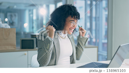 Woman, fist celebration and night with laptop in office for success, promotion and goals with financial review. Happy trader, entrepreneur and cheers for achievement, profit and thinking in workplace 138965103