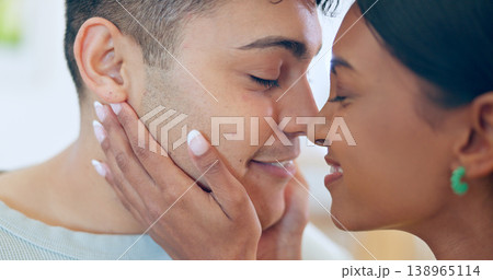 Happy, couple and eskimo kiss with hug and love for affection, bonding and romantic date at home. Peace, interracial and people with commitment, loyalty and respect in healthy relationship with calm Happy, couple and eskimo kiss with hug and love for affection, bonding and romantic date at home. Peace, interracial and people with commitment, loyalty and respect in healthy relationship with calm 138965114