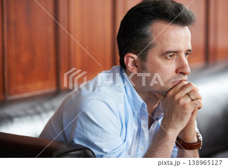 Thinking, anxiety and man in waiting room for recruitment, opportunity or job interview meeting. Stress, nervous and male worker with tension, crisis or mistake, regret or panic disaster in HR office Thinking, anxiety and man in waiting room for recruitment, opportunity or job interview meeting. Stress, nervous and male worker with tension, crisis or mistake, regret or panic disaster in HR office 138965127