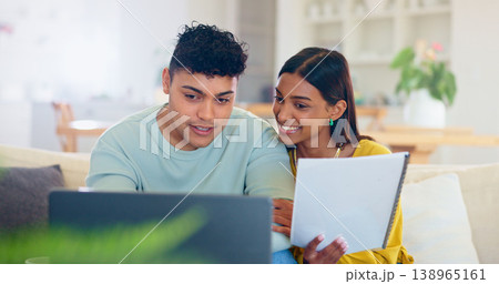 Investment, research and couple in home with laptop and paperwork for loan, mortgage or real estate. Online, banking and review information on computer with documents for finance, property or saving Investment, research and couple in home with laptop and paperwork for loan, mortgage or real estate. Online, banking and review information on computer with documents for finance, property or saving 138965161