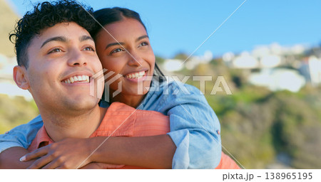 Couple, face and smile on piggyback outdoor for love, commitment and support in nature or date. People, man and woman on back with happiness, care and romance on holiday or vacation for relationship Couple, face and smile on piggyback outdoor for love, commitment and support in nature or date. People, man and woman on back with happiness, care and romance on holiday or vacation for relationship 138965195