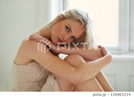 Woman, portrait and beauty in home or confident feminine style, makeup or relax. Female person, model and face or head rest at apartment window for calm pose for soft elegance, attractive in Norway Woman, portrait and beauty in home or confident feminine style, makeup or relax. Female person, model and face or head rest at apartment window for calm pose for soft elegance, attractive in Norway 138965214