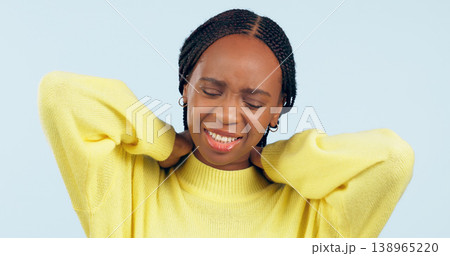 Black woman, neck pain and inflammation with injury, strain and uncomfortable on isolated studio background. Joint, anxiety and stress for fibromyalgia, muscle burnout and unhappy with tendinitis 138965220