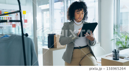 Fashion designer, woman and tablet for startup business, online shop planning and stock or logistics management. E commerce seller or supplier on digital technology for profit, sales or website order Fashion designer, woman and tablet for startup business, online shop planning and stock or logistics management. E commerce seller or supplier on digital technology for profit, sales or website order 138965264
