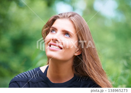 Park, happy woman or thinking outdoors to relax on a holiday vacation in summer or nature. Face, looking up or thoughtful female person on break for ideas or mindfulness for scenic travel in forest Park, happy woman or thinking outdoors to relax on a holiday vacation in summer or nature. Face, looking up or thoughtful female person on break for ideas or mindfulness for scenic travel in forest 138965273