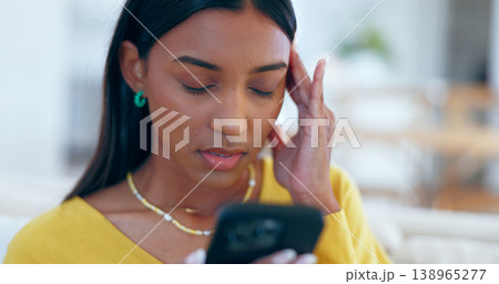 Home, smartphone and woman with a headache, internet and stress with error 404, connection or typing. Person, apartment or girl with a cellphone, mobile user or digital app with a migraine or burnout Home, smartphone and woman with a headache, internet and stress with error 404, connection or typing. Person, apartment or girl with a cellphone, mobile user or digital app with a migraine or burnout 138965277
