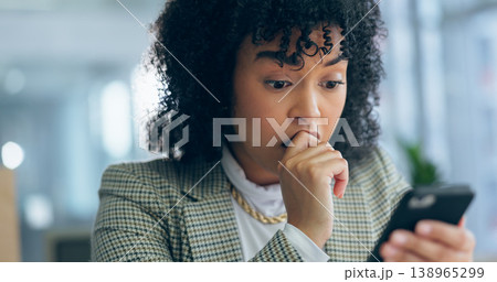 Woman, phone and night in office for stress, error or reading for problem solving for communication. Entrepreneur, smartphone and 404 glitch for networking, mobile app or frustrated face in workplace 138965299