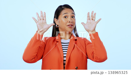 Portrait, warning and woman with stop, rejection and reaction on a blue studio background. Face, person and model with hand gesture, body language and deny with mockup space, feedback and review Portrait, warning and woman with stop, rejection and reaction on a blue studio background. Face, person and model with hand gesture, body language and deny with mockup space, feedback and review 138965325