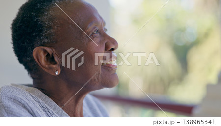 Retirement home, thinking and senior woman in outdoors, and smile for healthcare, choice and decision. Elderly black person, positive mental health and happy for future, trust and relax on balcony Retirement home, thinking and senior woman in outdoors, and smile for healthcare, choice and decision. Elderly black person, positive mental health and happy for future, trust and relax on balcony 138965341