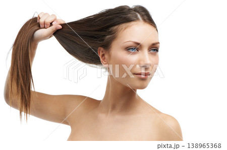 Beauty, strong hair and woman isolated in studio with salon hairstyle, confidence and cosmetic keratin. Luxury haircare, natural style and face of model girl with healthy growth on white background. 138965368