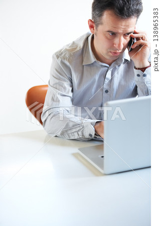 Phone call, laptop or businessman planning in company on mobile conversation as communication. Online, cellphone or manager in discussion at workplace talking or speaking of ideas or audit in office 138965383