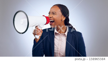 Megaphone, speech and screaming business woman in studio for change, transformation or freedom on grey background. Corporate, justice and female speaker with bullhorn noise for announcement attention 138965384