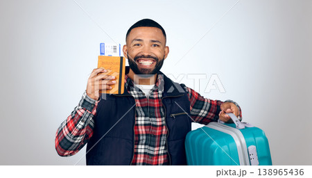 Travel, portrait and man with a passport, suitcase and vacation with a smile on white studio background. Face, model and tourist with tickets, luggage and travelling with mockup space and holiday Travel, portrait and man with a passport, suitcase and vacation with a smile on white studio background. Face, model and tourist with tickets, luggage and travelling with mockup space and holiday 138965436