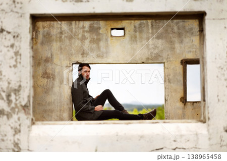 Man, frame and travel by ruin house, relax and chilling by remains of building, smile and portrait. Happy male person, historic site and vacation for culture, history and tourism in Machu Picchu Man, frame and travel by ruin house, relax and chilling by remains of building, smile and portrait. Happy male person, historic site and vacation for culture, history and tourism in Machu Picchu 138965458