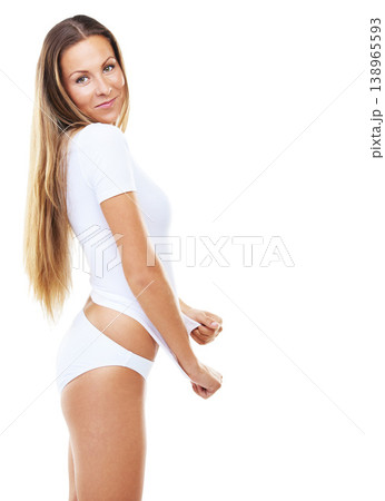 Portrait, smile of woman in tshirt and underwear in studio isolated on white background. Person, happy model and girl in clothes for style, fashion and confidence in body for beauty on mockup space 138965593