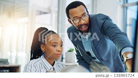 Computer, black woman and manager training intern or coaching employee and helping with project, work or collaboration. Mentor, corporate and talking about a question, error or pc learning in Nigeria Computer, black woman and manager training intern or coaching employee and helping with project, work or collaboration. Mentor, corporate and talking about a question, error or pc learning in Nigeria 138965724
