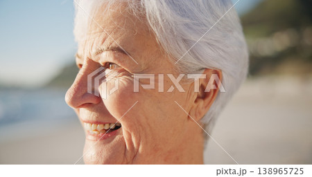 Senior woman, smile and sunset at a beach with peace outdoor in nature, sea and elderly female person with mindfulness. Relax, happy and calm old lady thinking by the ocean on holiday in retirement Senior woman, smile and sunset at a beach with peace outdoor in nature, sea and elderly female person with mindfulness. Relax, happy and calm old lady thinking by the ocean on holiday in retirement 138965725