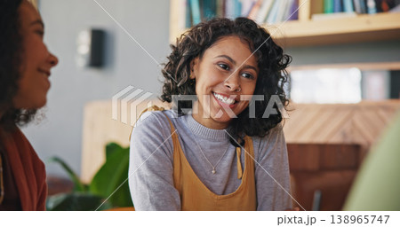 Friends, talk or happy woman in cafe to drink for a fun reunion, discussion or gossip with smile. Gen z girls, students or women with chat, conversation or brunch at restaurant, diner or coffee shop Friends, talk or happy woman in cafe to drink for a fun reunion, discussion or gossip with smile. Gen z girls, students or women with chat, conversation or brunch at restaurant, diner or coffee shop 138965747