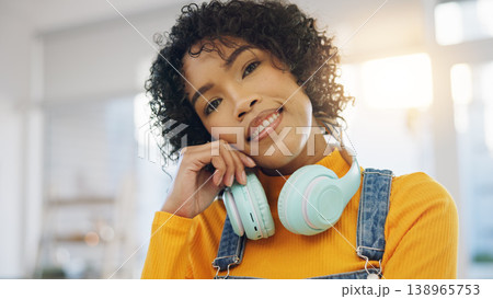 Face, home and woman with headphones, relax and streaming music with sound, audio and peace. Portrait, happy person or girl in a living room, headset and podcast with casual outfit, comfort and songs 138965753