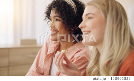 Face, home and relax friends watching tv series, movies and streaming video, news broadcast or show. Lounge, eating popcorn food and gen z people watch television, film and change channel with remote Face, home and relax friends watching tv series, movies and streaming video, news broadcast or show. Lounge, eating popcorn food and gen z people watch television, film and change channel with remote 138965823