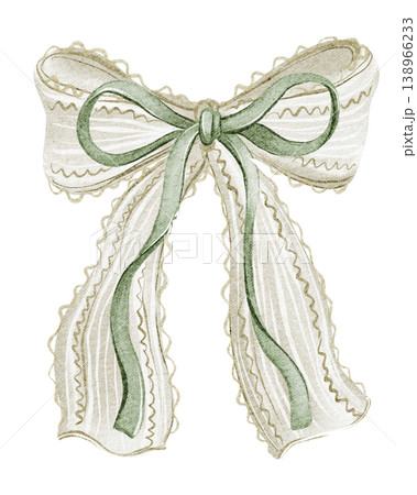 Bow ribbon hand painted watercolor illustration with satin vintage style knot. Bow isolated clipart decorative object with feminine elegant look. Suitable for holiday, greeting card, festive design. 138966233