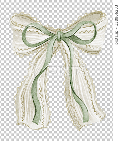 Bow ribbon hand painted watercolor illustration with satin vintage style knot. Bow isolated clipart decorative object with feminine elegant look. Suitable for holiday, greeting card, festive design. 138966233