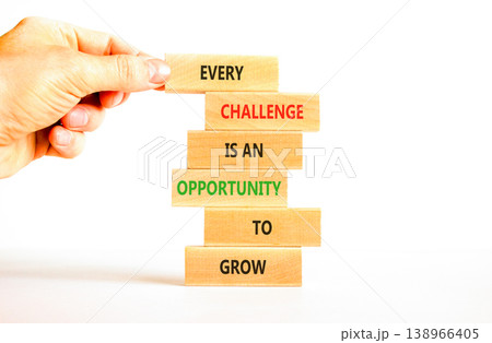 Challenge word symbol. Concept words Every challenge is an opportunity to grow on beautiful wooden sticks. Beautiful white paper background. Business challenge is an opportunity concept. Copy space. 138966405