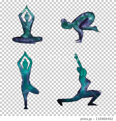 Yoga poses set: Padmasana, Eka Pada Bakasana, Vrksasana (Vrikshasana), Anjaneyasana watercolor silhouettes isolated 138966482