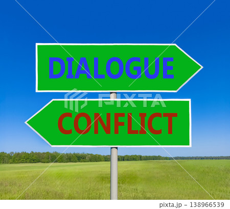 Dialogue instead conflict symbol. Concept words Dialogue and Conflict on beautiful green road sign. Beautiful blue sky green grass background. Social and dialogue instead conflict concept. Copy space. 138966539