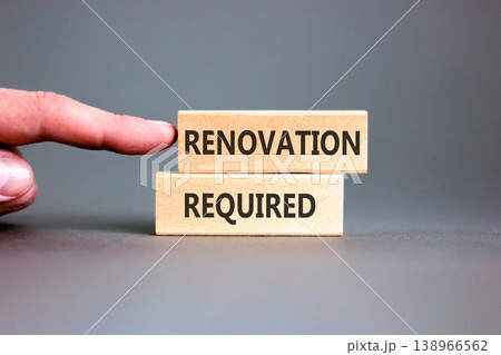 Renovation required words symbol. Concept words Renovation required on beautiful wooden blocks. Beautiful grey background. Businessman hand. Business Renovation required words concept. Copy space. 138966562