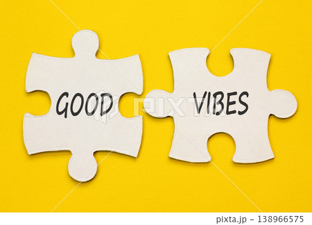 Good vibes words symbol. Concept words Good vibes on beautiful white puzzles. Beautiful yellow background. Business lifestyle and Good vibes words concept. Copy space. Good vibes words symbol. Concept words Good vibes on beautiful white puzzles. Beautiful yellow background. Business lifestyle and Good vibes words concept. Copy space. 138966575