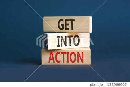 Get into action words symbol. Concept words Get into action on beautiful wooden blocks. Beautiful grey background. Business and Get into action concept. Copy space. Get into action words symbol. Concept words Get into action on beautiful wooden blocks. Beautiful grey background. Business and Get into action concept. Copy space. 138966603
