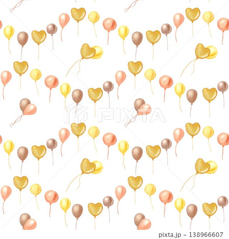 A bright, festive seamless pattern of flying yellow, orange, and brown balloons and a heart. Hand-drawn watercolor clip art on an isolated background for packaging, textile, and banner designs. A bright, festive seamless pattern of flying yellow, orange, and brown balloons and a heart. Hand-drawn watercolor clip art on an isolated background for packaging, textile, and banner designs. 138966607