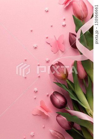 Tulips with Ribbon and Paper Butterflies on Pink Background Tulips with Ribbon and Paper Butterflies on Pink Background 138966661