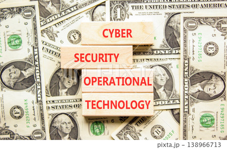 Cyber security symbol. Concept words Cyber security operational technology on beautiful wooden blocks. Beautiful dollar background. Business Cyber security operational technology concept. Copy space. 138966713