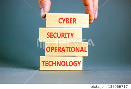 Cyber security symbol. Concept words Cyber security operational technology on beautiful wooden blocks. Beautiful grey background. Business Cyber security operational technology concept. Copy space. 138966717