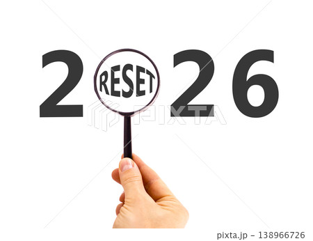 2026 reset symbol. Concept words 2026 reset in beautiful magnifying glass. Beautiful white background. Businessman's hand. Business 2026 reset concept. Copy space. 2026 reset symbol. Concept words 2026 reset in beautiful magnifying glass. Beautiful white background. Businessman's hand. Business 2026 reset concept. Copy space. 138966726