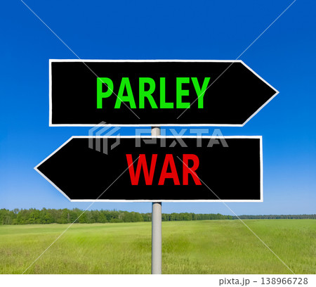 Parley instead war symbol. Concept words Parley and War on beautiful black road sign. Beautiful blue sky green grass background. Social and parley instead war concept. Copy space. 138966728