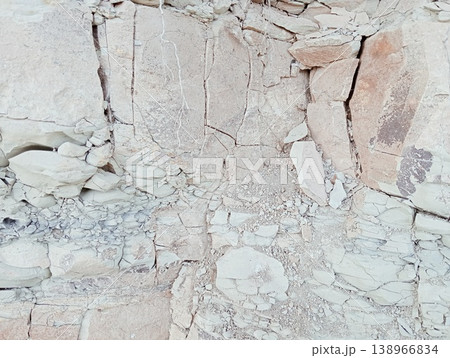 Natural texture of fractured white marl and sedimentary limestone rock. 138966834